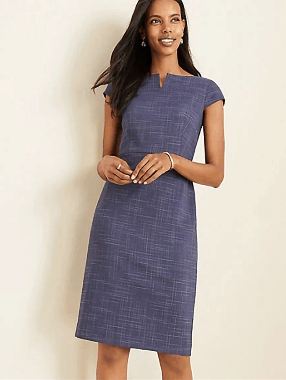 Ann Taylor blue crosshatch boatneck cap sleeve sheath dress Size 12